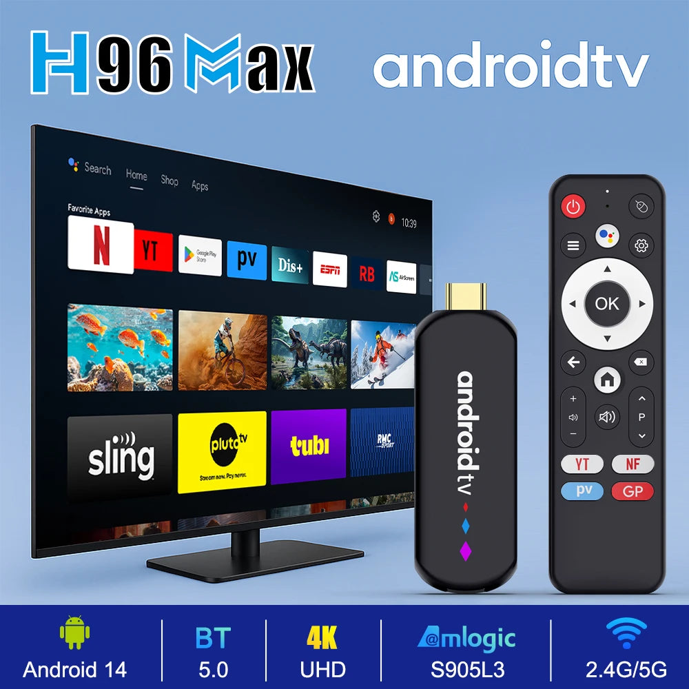 H96 MAX Amlogic S905L3 Androidtv 14.0 4Kx2k@30fps 2.4G/5G Dual WiFi BT4.0+ 100M Ethernet Google Voice Assistant Netflix tvbox