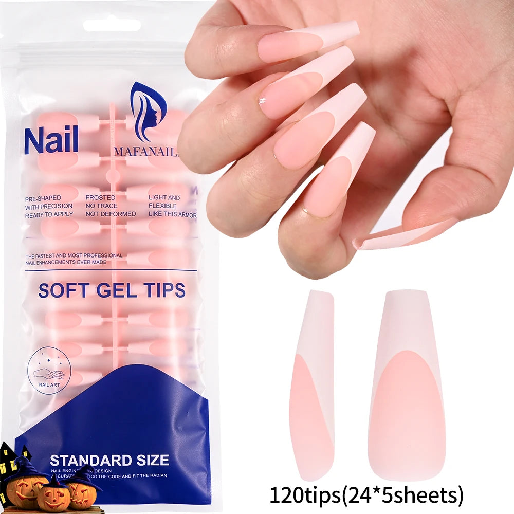 120Pcs Glossy Medium Coffin Press On Nails Pink Gradient French Fake Nails Acrylic Full Cover Ballerina False Nails For Women