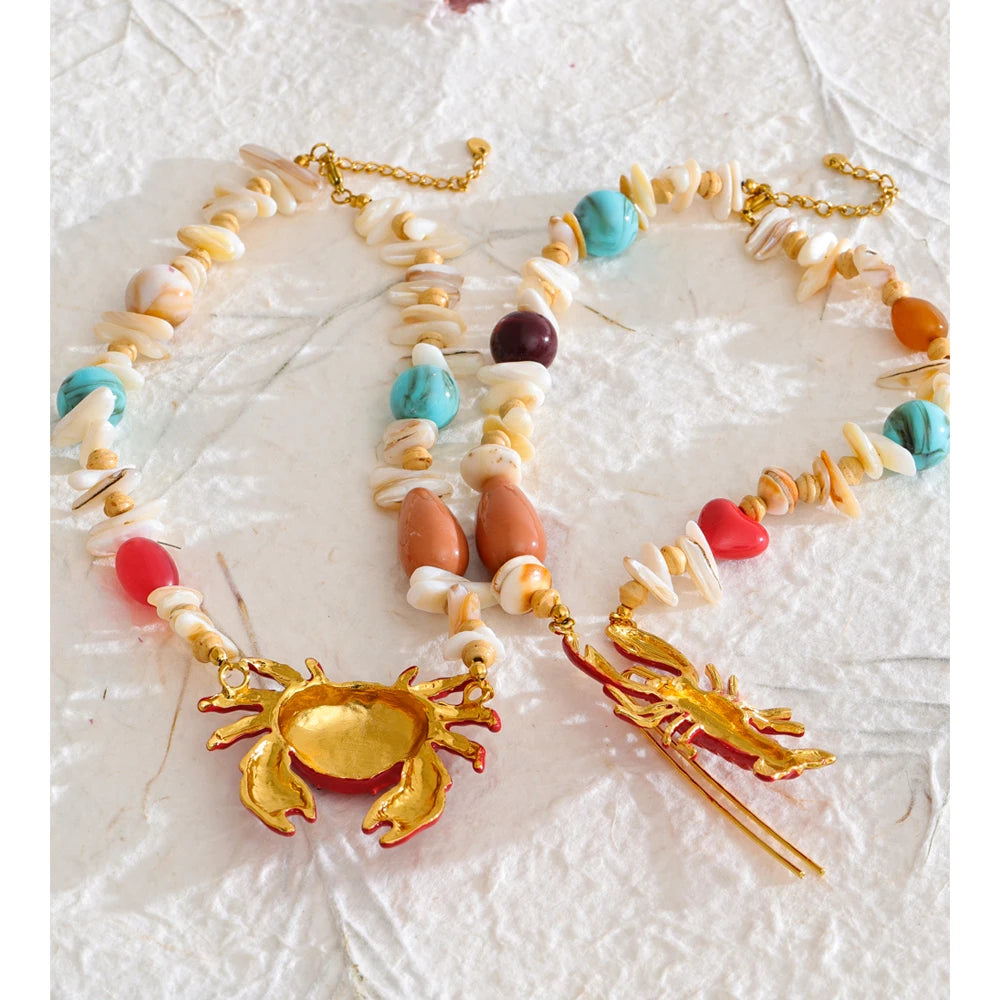 Yhpup Ocean Style Crayfish Crab Pendant Necklace for Women Shell Acrylic Resin Chain Handmade Jewelry