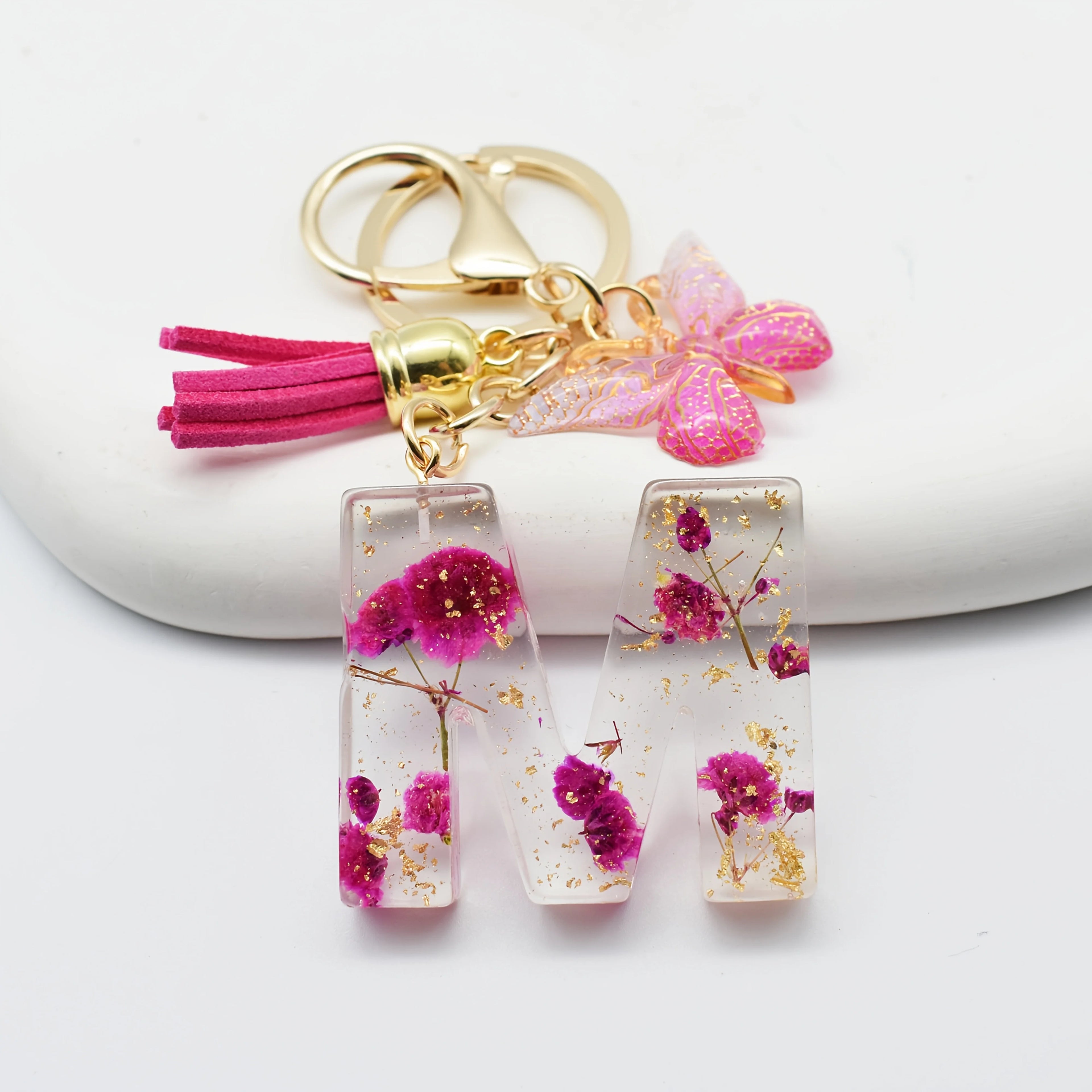 1PC Fashion Easter Alphabet Keychain - Dried Flower Resin Charm, A-Z Initial Pendant Butterfly Tassel, Non-Woven ABS Gift