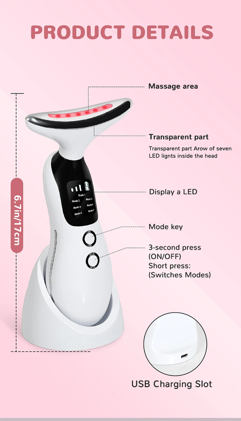 7 Colors LED Face Neck Beauty Device Deep Cleaning Vibration Facial Massager