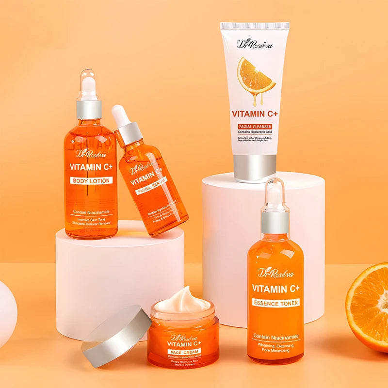 Vitamin C Moisturizing Brightening Skin Tone Skincare Set: Facial Serum & Cream & Cleaner,Essence Toner,Hydrating Body Lotion