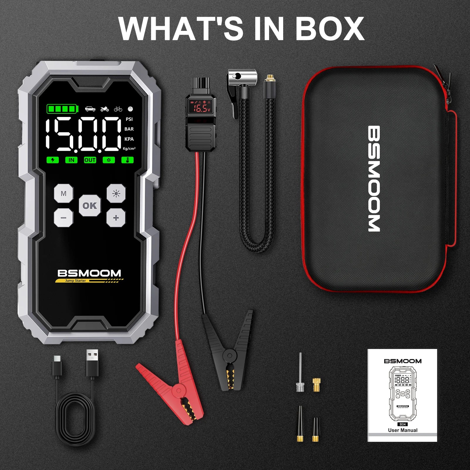 150PSI Air Pump Car Battery Emergency Boosters ,7000A/1500A PEAK Car Jump Starter Power Bank ,Portable Starting Device Car Starter New,Cars with USB Ports And LED Flashlight, 26800mAh/21800mAh Portable Car Jump Starter, Batte