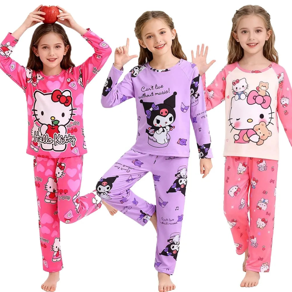 Sanrio Girls Pajamas Sets Full Sleeve Soft Hello Kitty Pyjamas Kids Cinnamoroll Pijamas Sleepwear Kuromi Baby Homewear Pjs