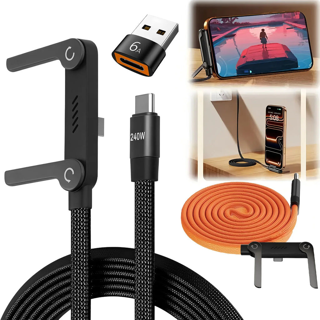 USB Type-C 240W Super Fast Charging Cable 2-in-1 Folding Holder For iPhone 15-17 Android Phone Charger Cable USB To Type-C