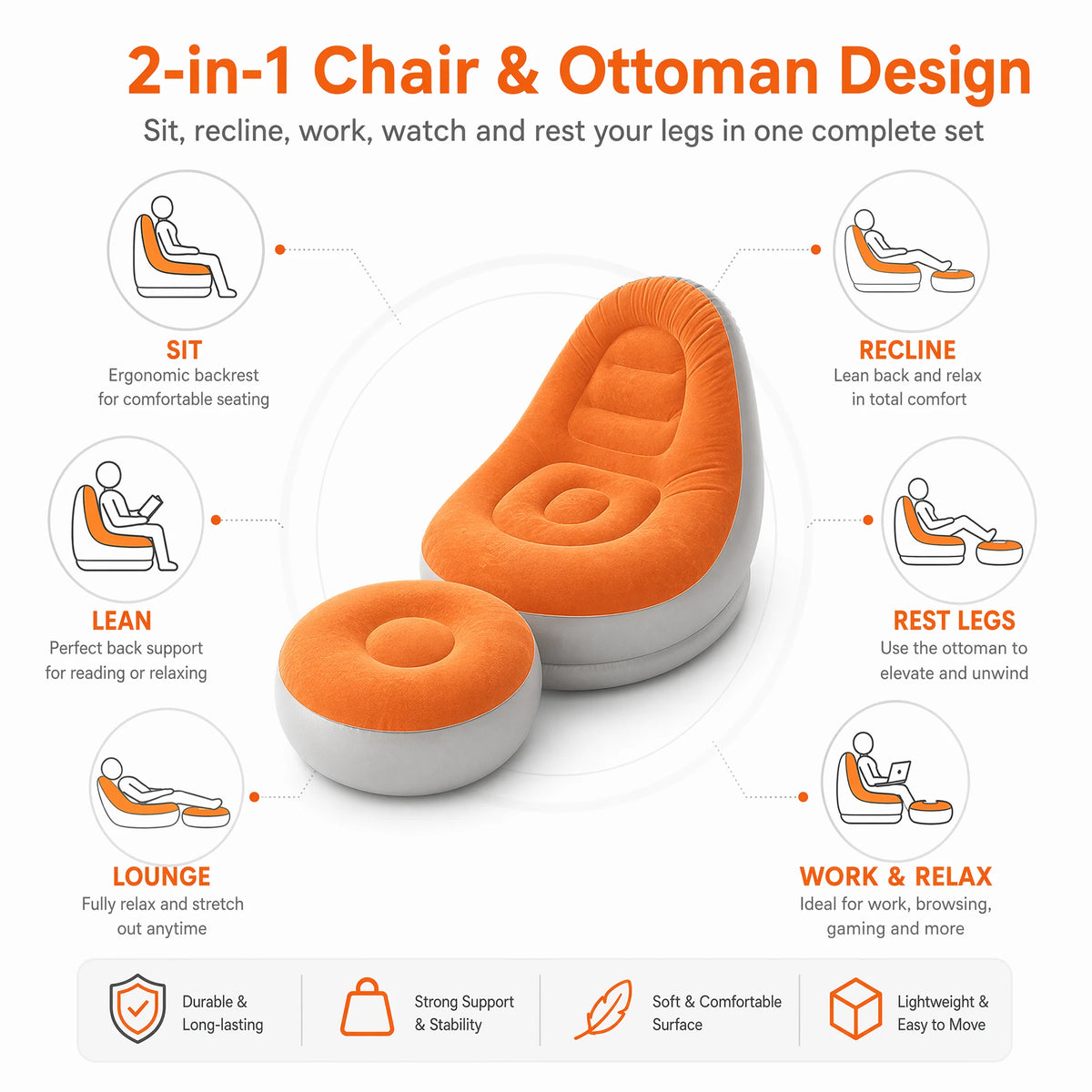 Inflatable Flocking Lazy Sofa Set with Foot Stool Portable