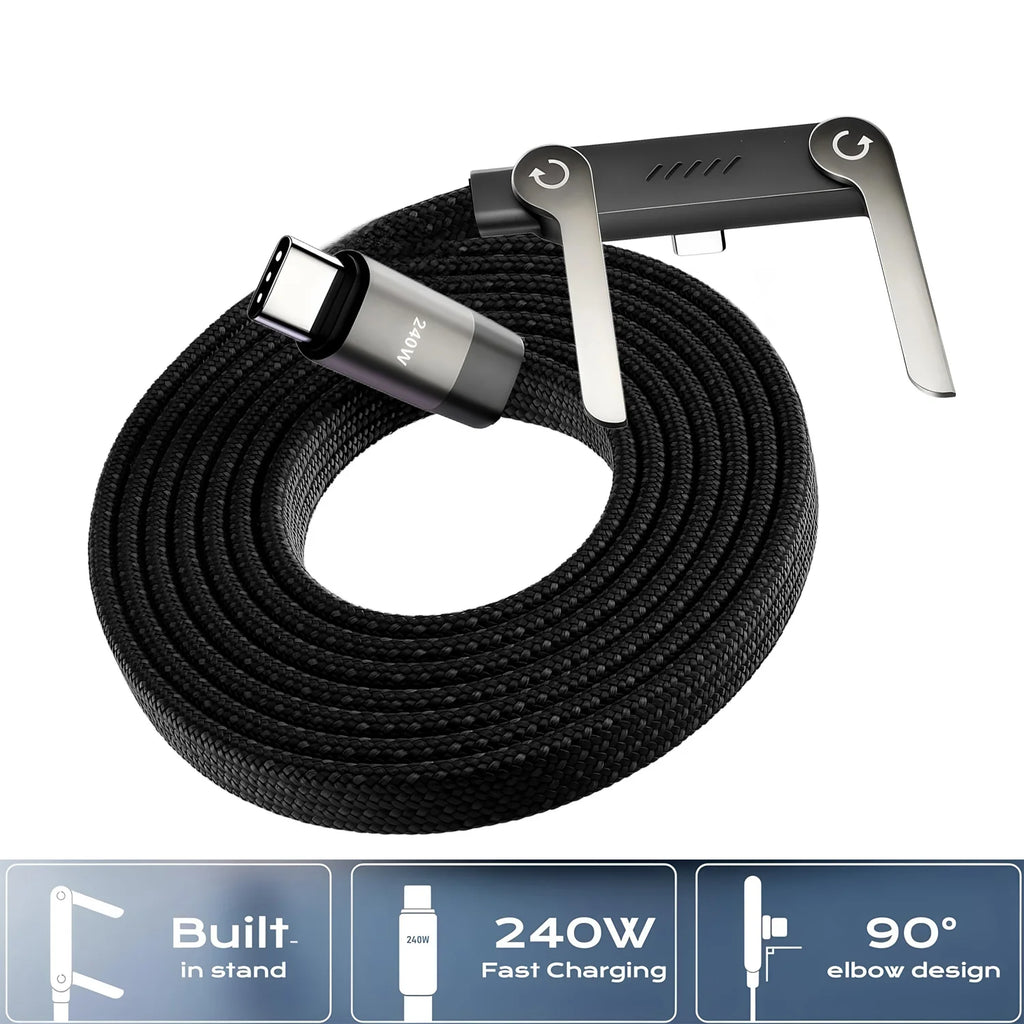 240W PD 2-in-1 Fast Charging Cable with Foldable Phone Holder Stand for iPhone Samsung Xiaomi