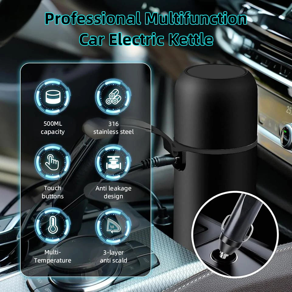 500ml Car Heating Cup 12V/24V Portable Electric Kettle Universal Thermal Cup Travel Kettle Stainless Intelligent Heating Kettle