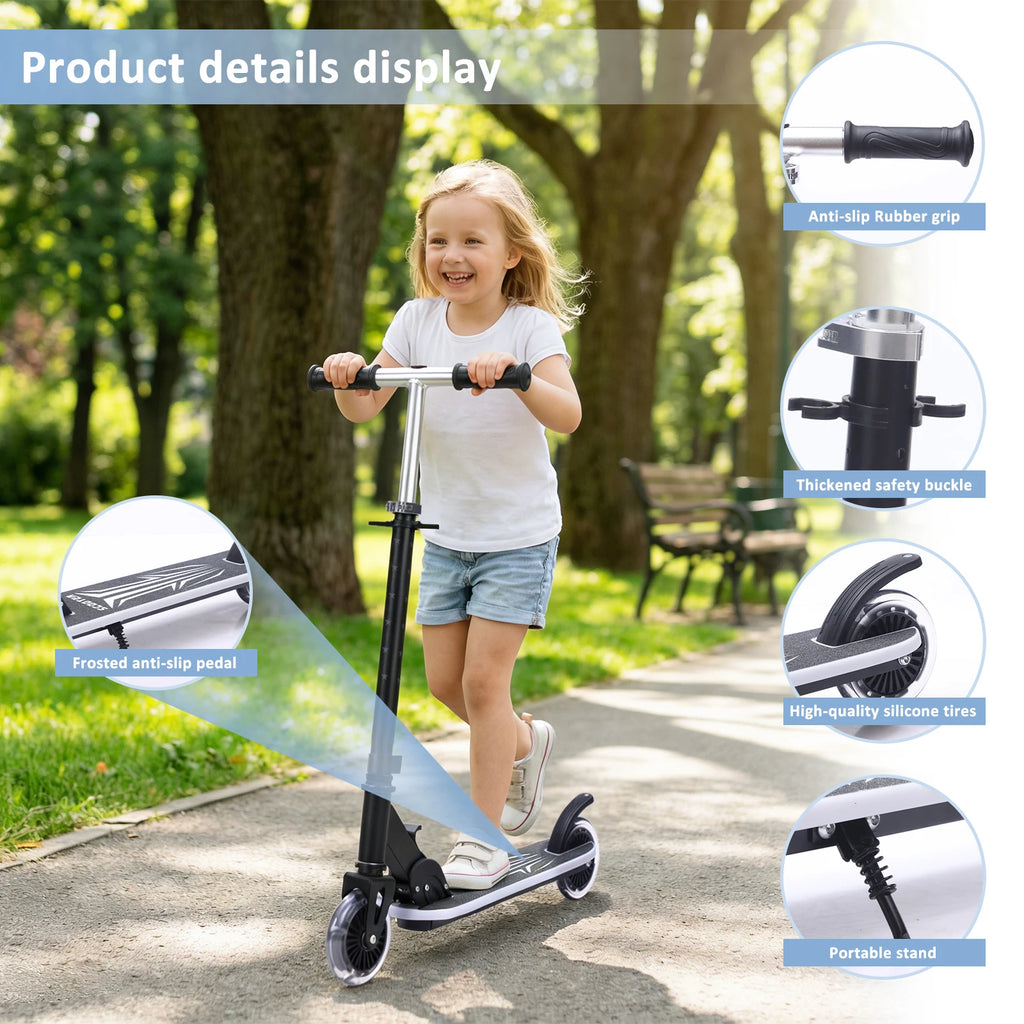 One-Click Folding Kids Scooter, 4-Level Height Adjustable Handlebar 75-90cm, Rear Foot Brake, Colourful LED Light-Up Wheels & Pedals, Stable 4.34" Tires, Portable Kick Scooter for Boys Girls Outdoor Play
