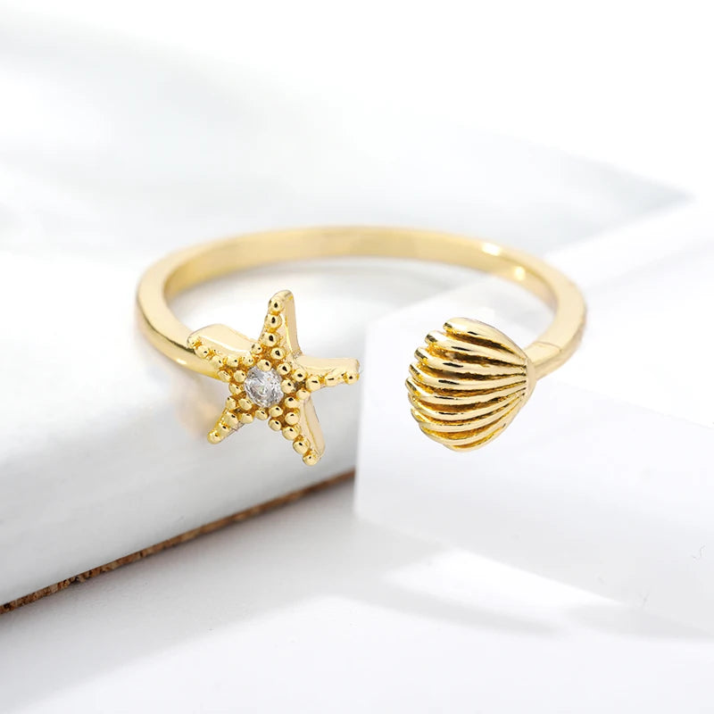 Ocean Starfish Shell Open Rings For Women Gold Color Stainless Steel Ring Summer Beach Aesthetic Waterproof Jewelry Gift