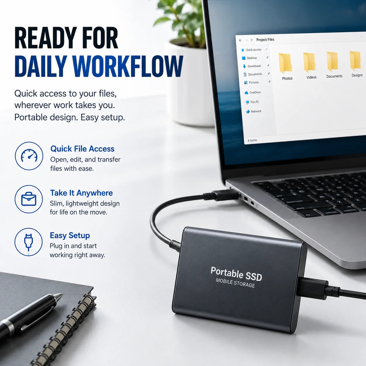 2TB Fast Portable Hard Drive External SSD Hard Disk USB Type-C High-Speed Storage for Laptop/Mac/PC