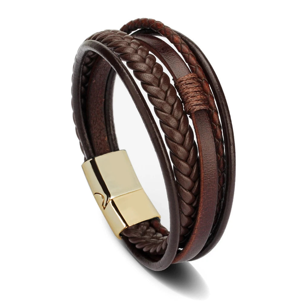 Trendy Leather Bracelets For Men Stainless Steel Bracelet 21CM Multilayer