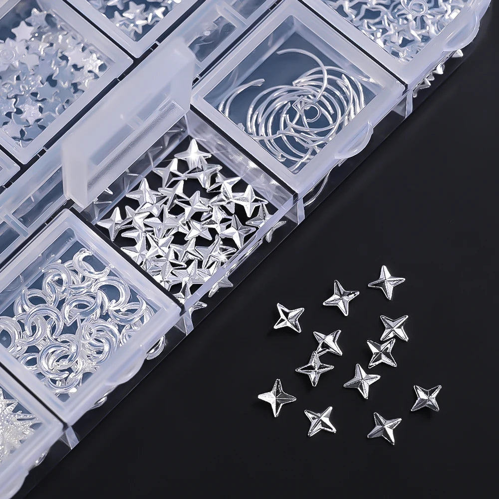 12Grids Silver Star Moon Glitter Nail Charms Mixed Metallic Tips Slice Rivet 3D FlatBack Gold Silver Star DIY Alloy Nail Studs_-