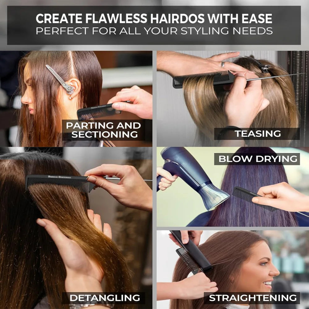 Fiber Heat Resistant Teasing Combs with Stainless Steel Pintail Hair Styling Tools