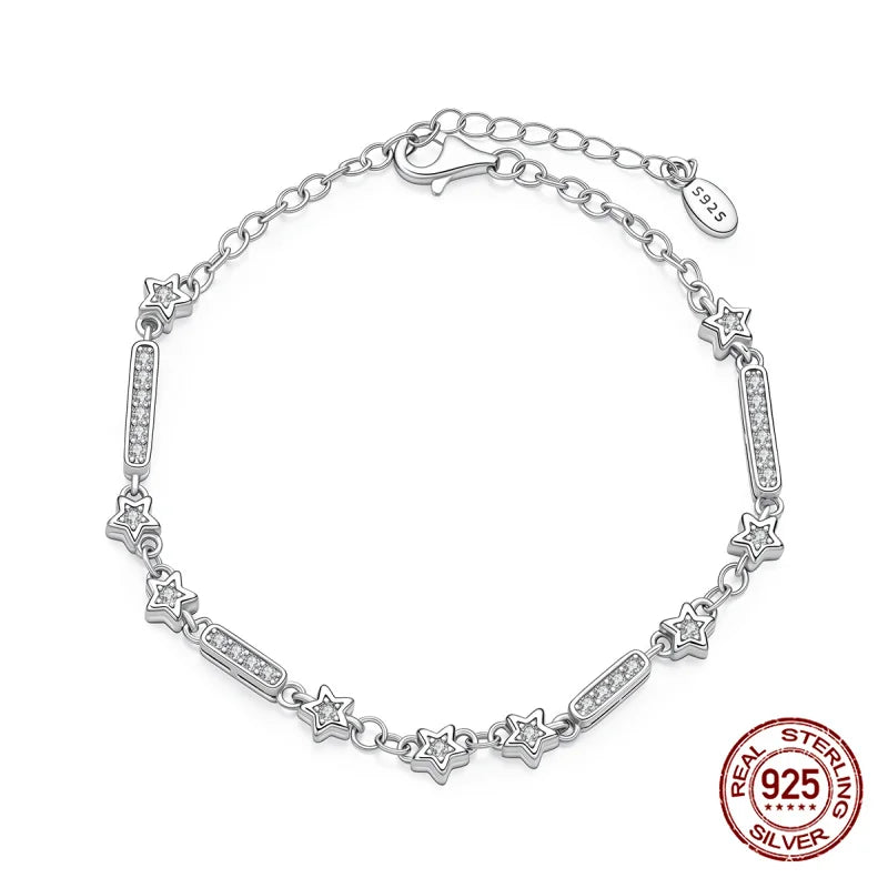 Sparkling Star Bracelet 925 Silver Original One-Size-Fits-All Soft Links Bracelet Zircon Chain For DIY Charms Jewelry Gift New
