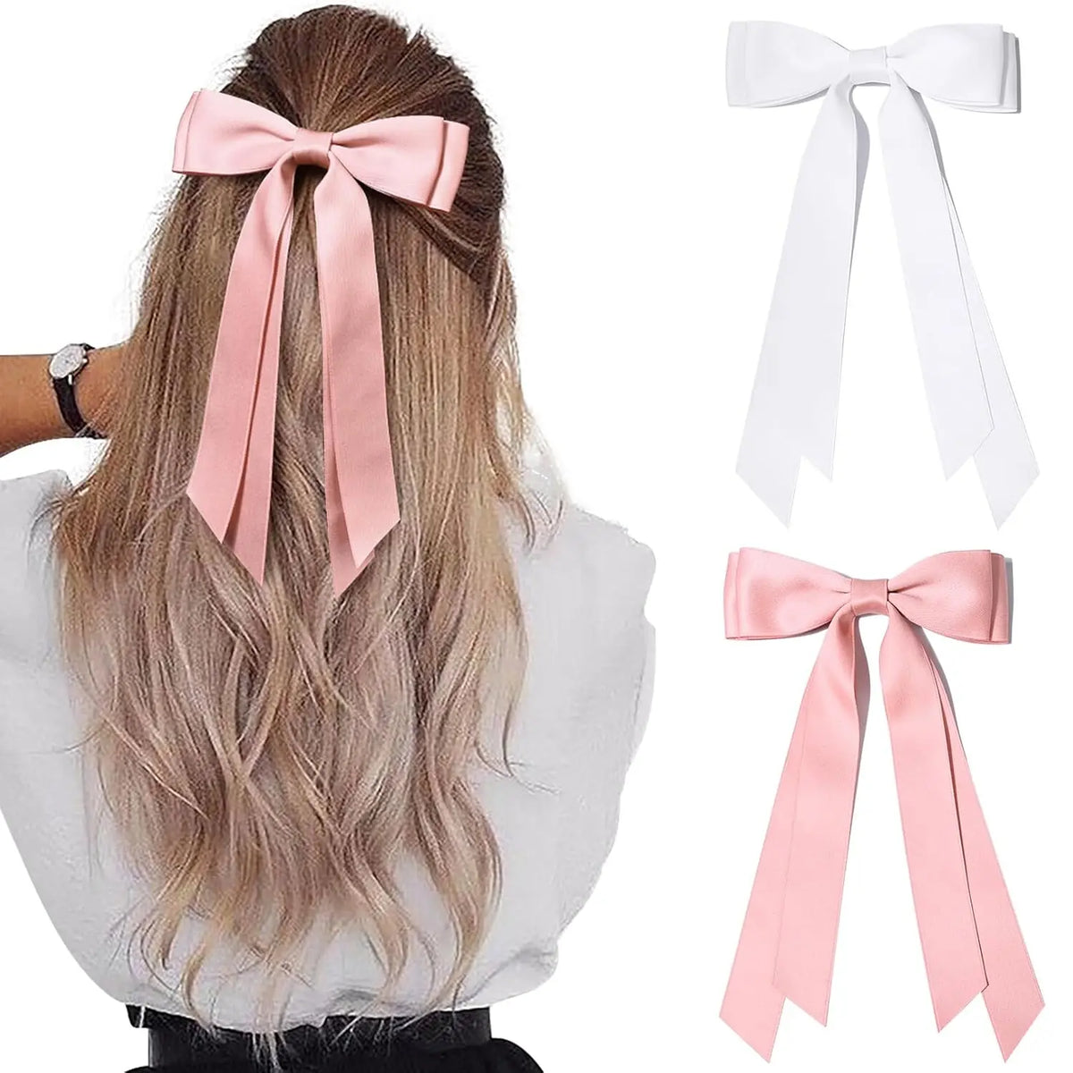 2/4Pcs Women Fashion Bilayer Bow Hair Clips, Soft Long-Tailed Bow Hairpins