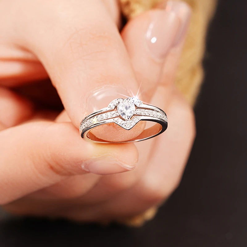Huitan Romantic Wedding Band Ring Female Love Jewelry Brilliant Heart Zirconia Finger Accessories for Engagement Exquisite Gift