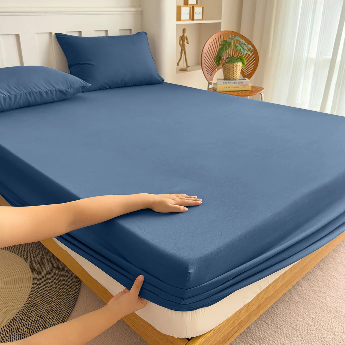 Fitted Bed Sheet with Elastic Band Solid Color Soft Mattress Cover
