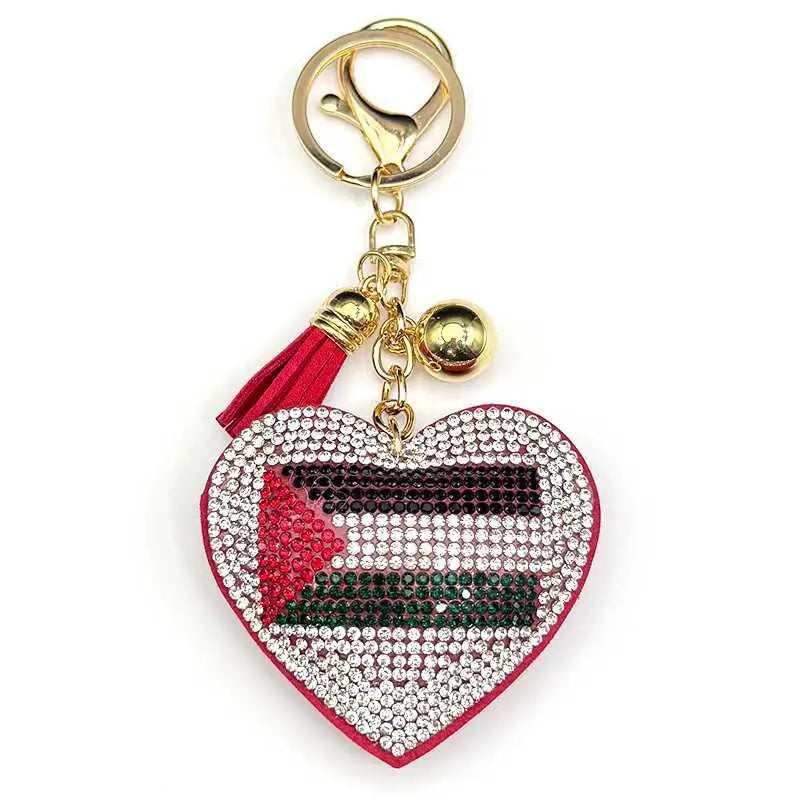 Palestine Flag Full Crystals Heart Shaped Key Chain for Women Men Leather Silver Color Keyring Bag Car Accessories Jewelry Gift