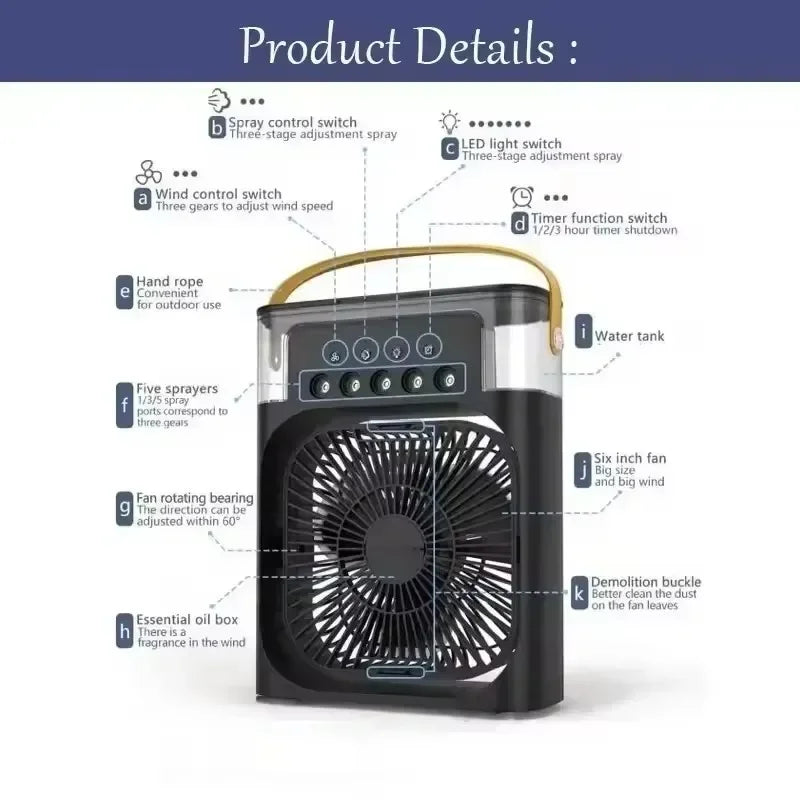 Fan Portable Air Cooler Conditioner Humidifier with 500mL Water Tank Quite Mist Water Spray Fan for Home Room Camping Car Office