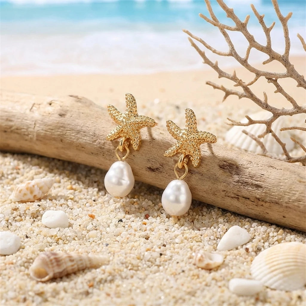 Dainty Starfish Imitation Pearl Gold Color Earrings for Women Mermaidcore Aesthetic Starfish Drop Dangle Summer Vacation Jewelry