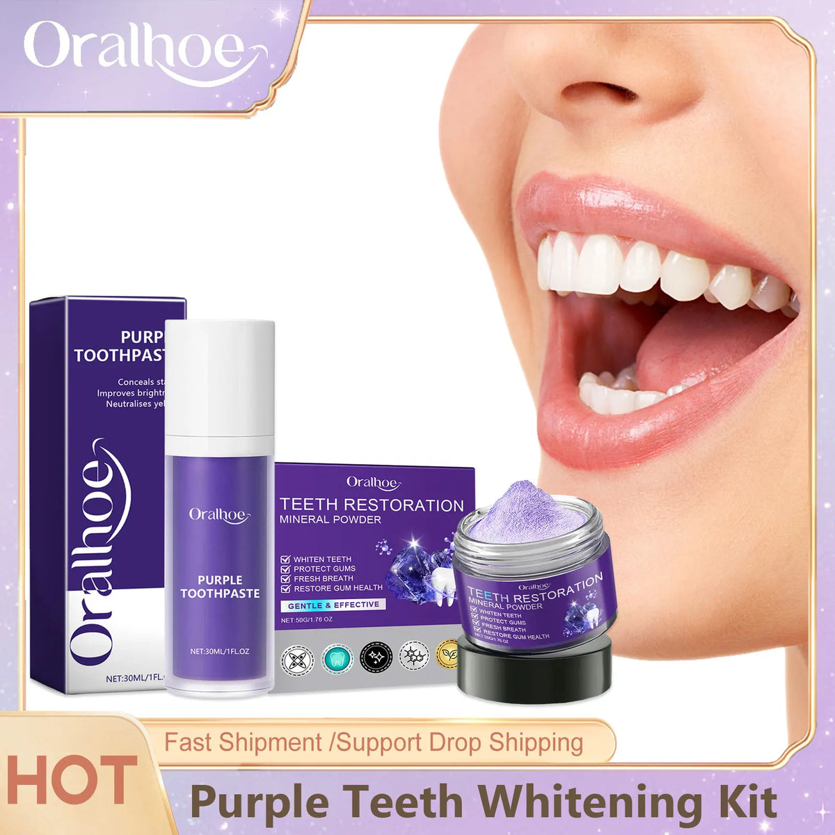Purple Teeth Whitening Powder Toothpaste Brighten Yellow Teeth Remove