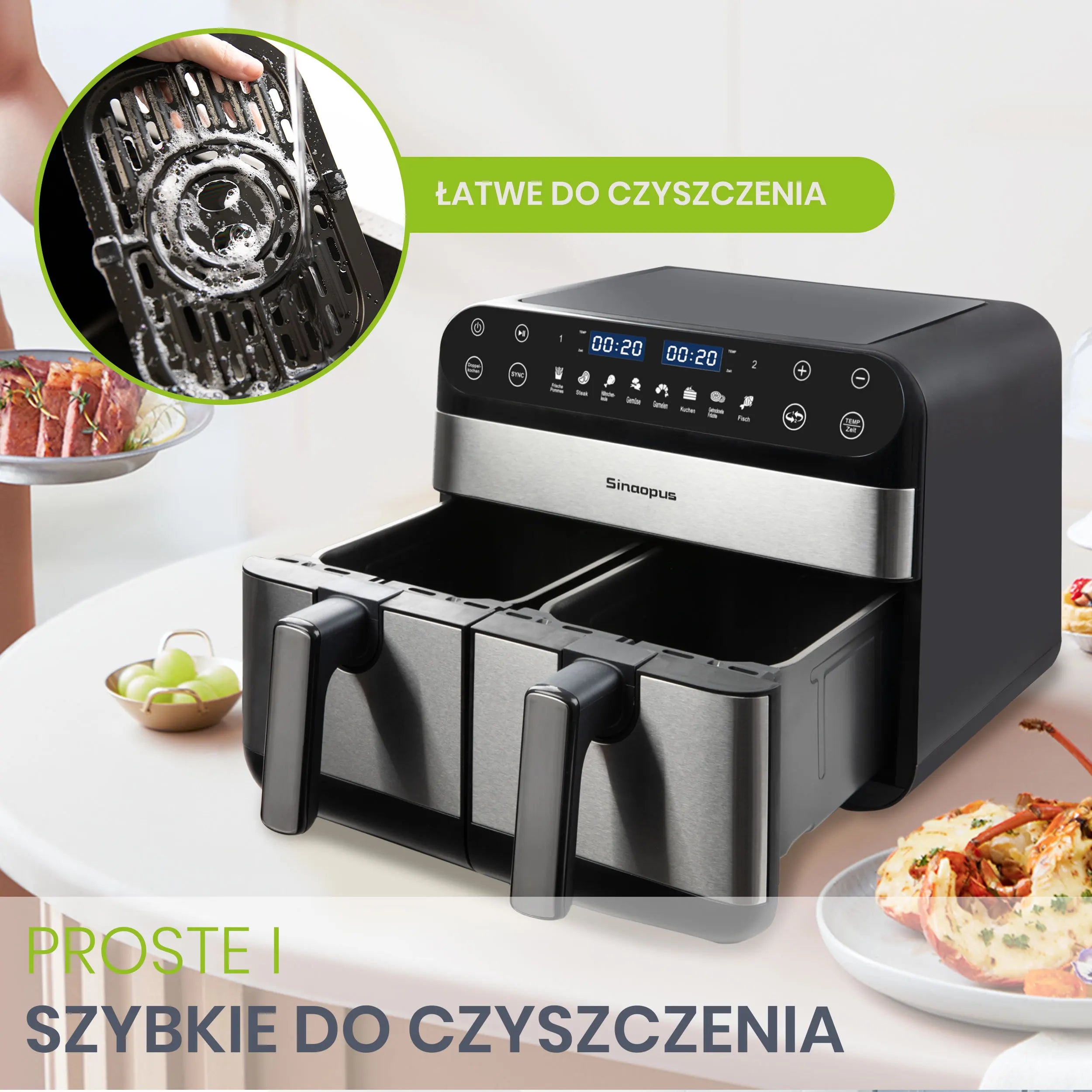 Sinaopus Air Fryer 2400W 10L XXL Dual Basket-LED Touch Screen Oil-Free Fryer, 8 Programs, Temperature Control, Oil-Free Air Oven