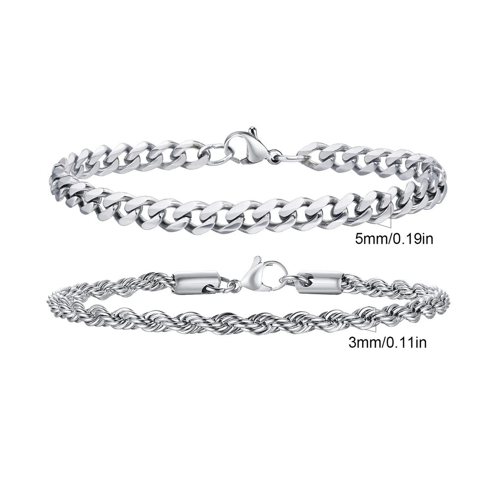 2pcs Men's Chain Bracelets,Stainless Steel Silver Gold Black Color