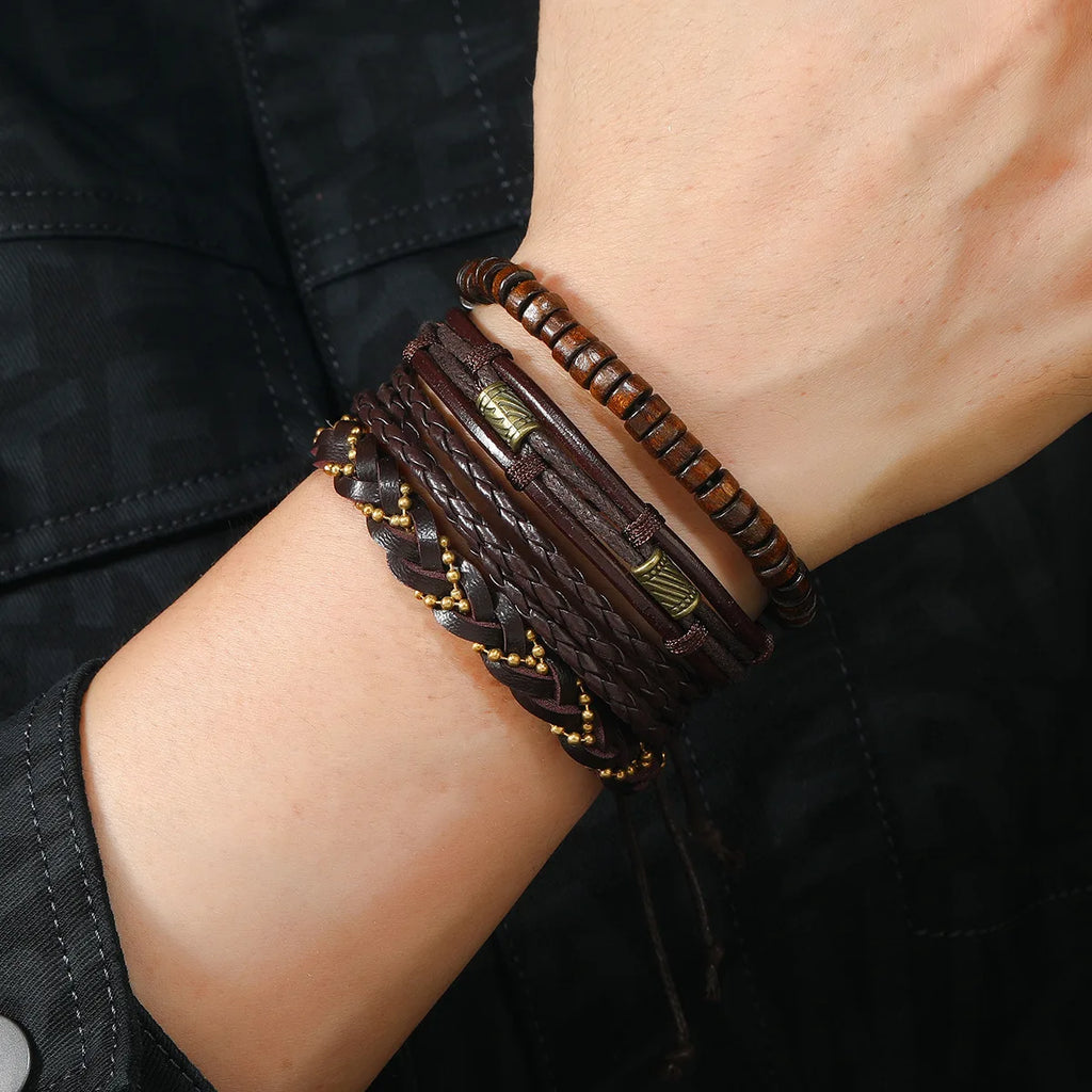 6/4PCS 3Style PU Wodeen Braided Wrap Leather Bracelet for Men Vintage Life Wood Beads Fashion Male Armband