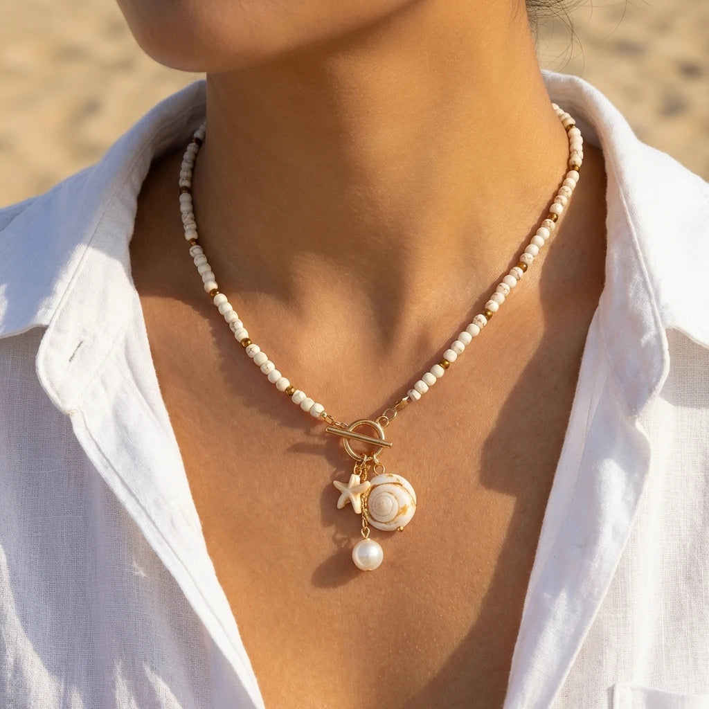 Bohemian Starfish Conch Pendant Necklace with OT Buckle Colorful Rice Beads Ceramic Fish Choker Necklace Beach Vacation Jewelry