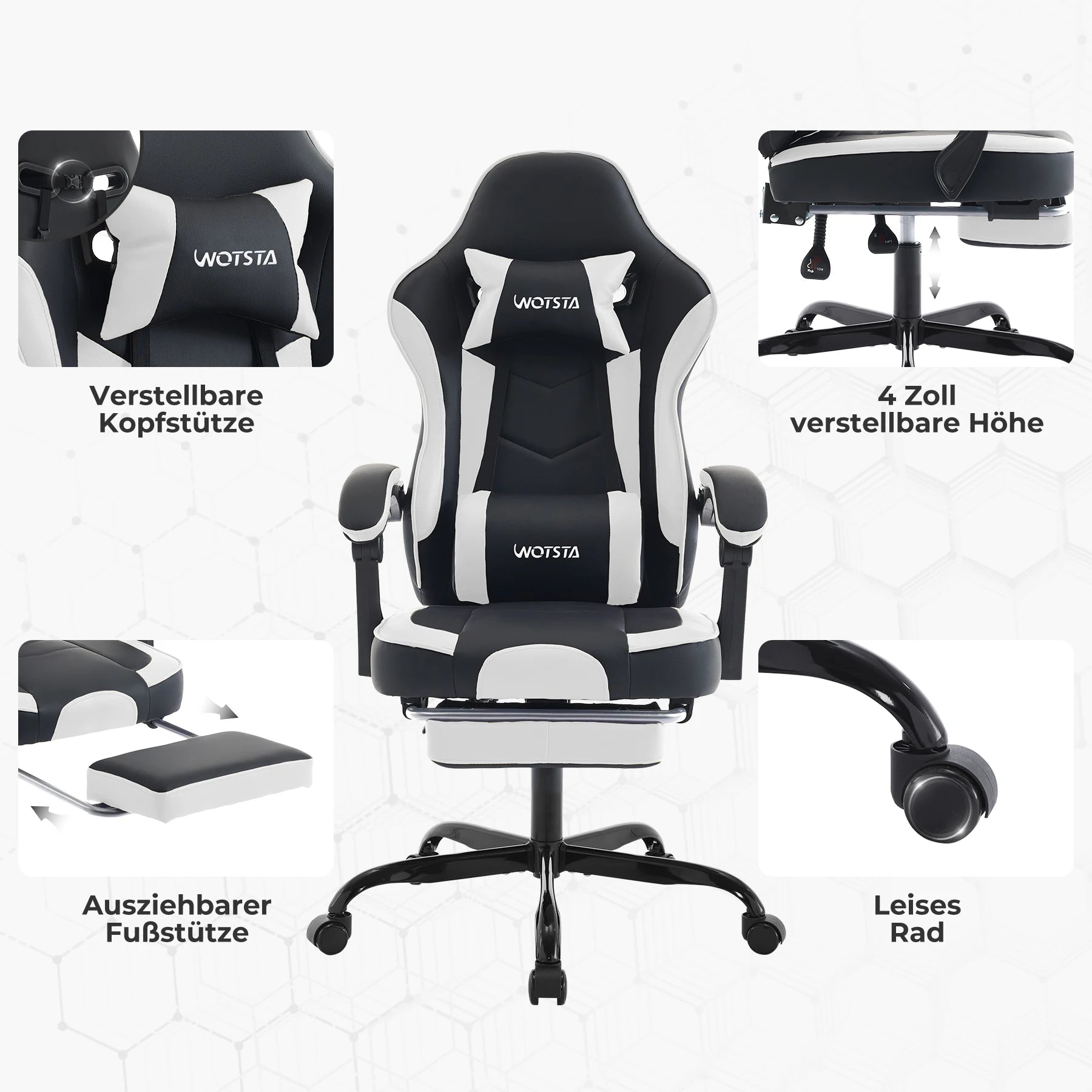 WOTSTA Gaming Chair with Footrest Gamer Chairs Ergonomic with Lumbar Cushion Headrest Chair Height Adjustable Computer Chair