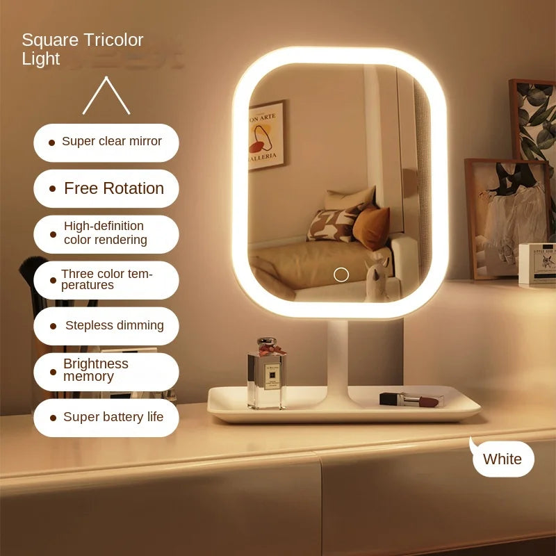 3 Color Light LED Desktop Vanity Mirror,Modern Makeup Mirror With Storage Tray,Women Bedroom Dressing Touching Mirror