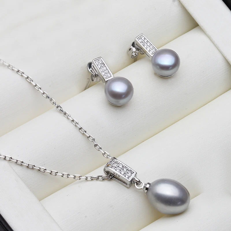 Real Natural Freshwater Pearl Necklace and Earrings Set Woman