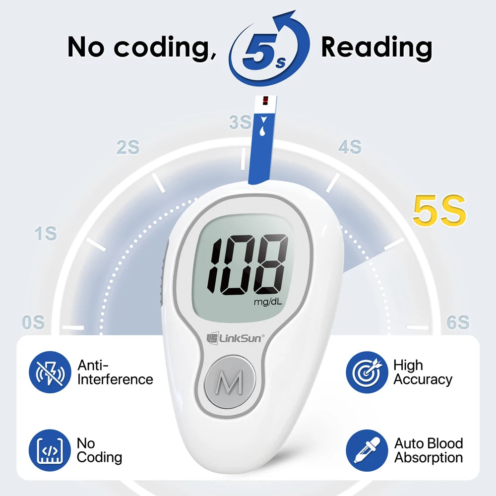 LinkSun Blood Glucose Meter G-425-3 Glucosemeter Kit 10/50/100pcs Strips No Code For Diabetes Tester Medical Blood Sugar Monitor