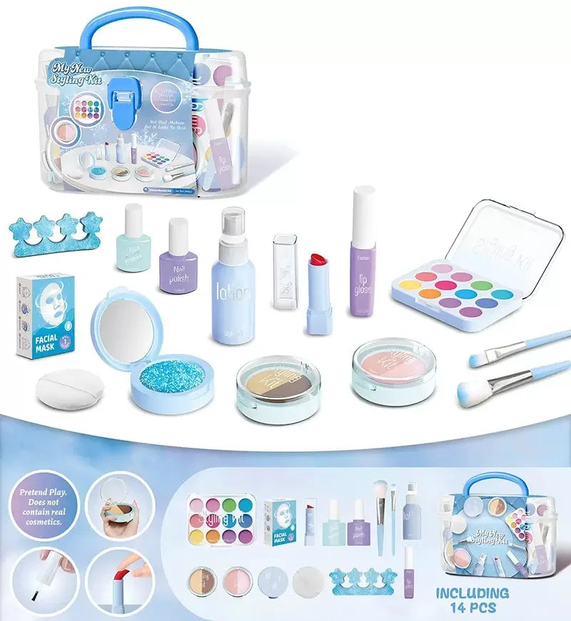 Girl’s pretend home make-up set: faux manicure, lip color, eye shadow, non-washable princess-themed cosmetics and toys.