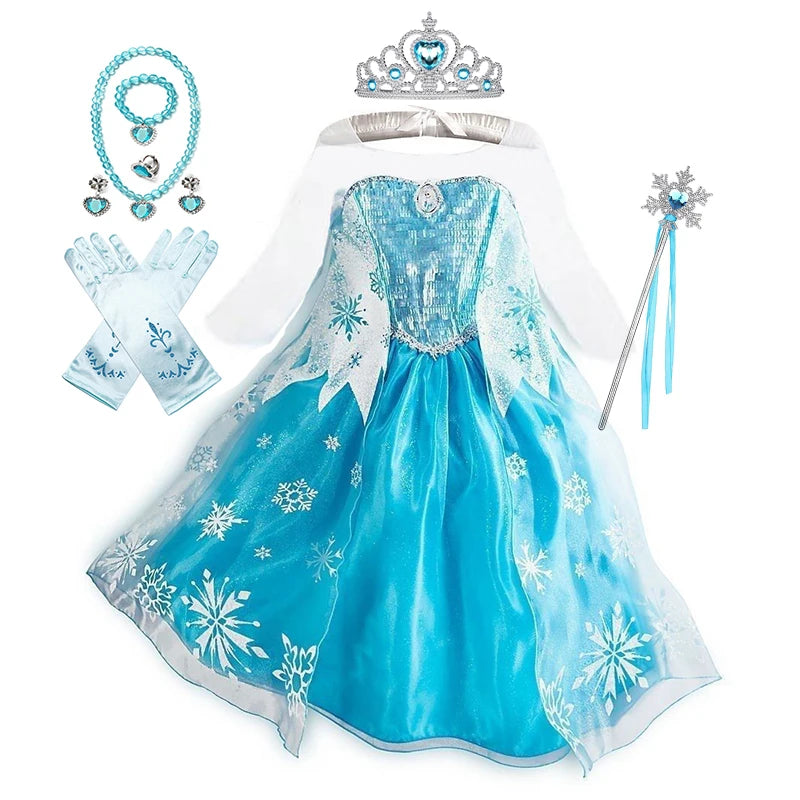 Girls Ice Snow Princess Cosplay Dress with Long Cloak