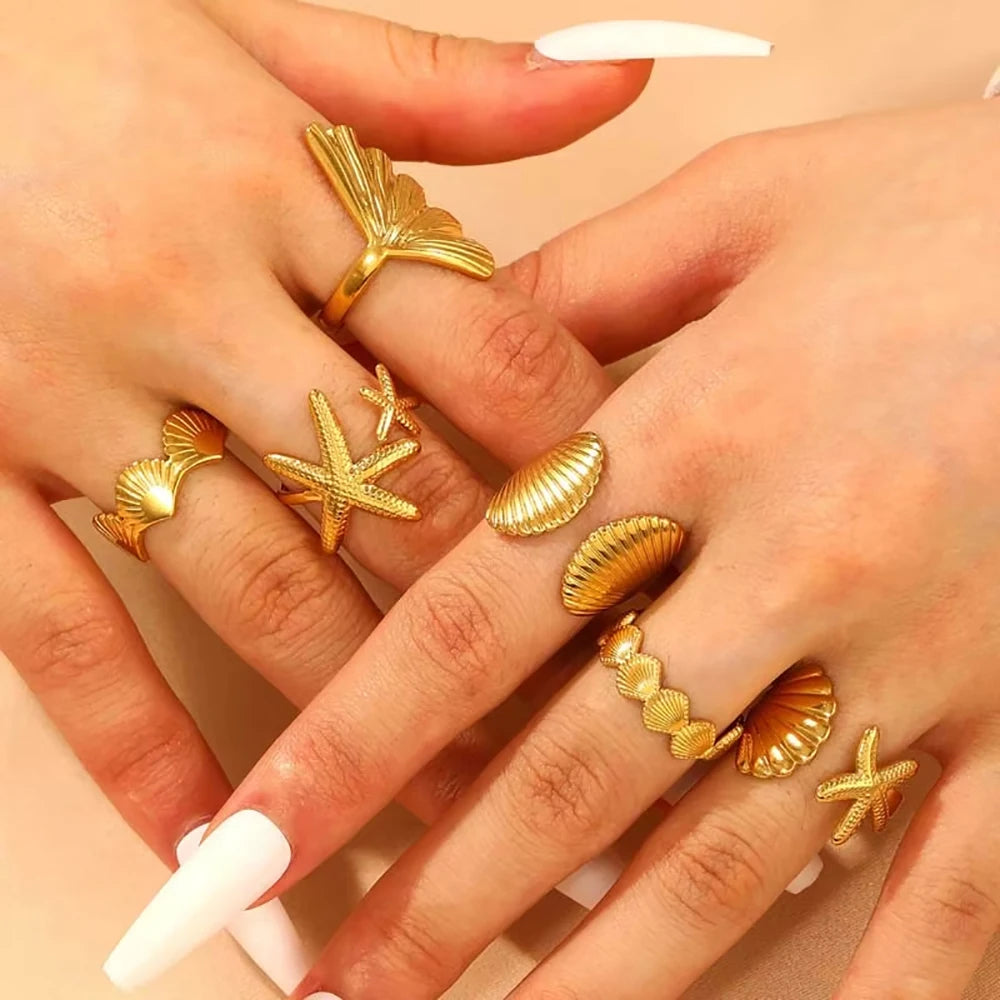 Ocean Starfish Shell Open Rings For Women Gold Color Stainless Steel Ring Summer Beach Aesthetic Waterproof Jewelry Gift