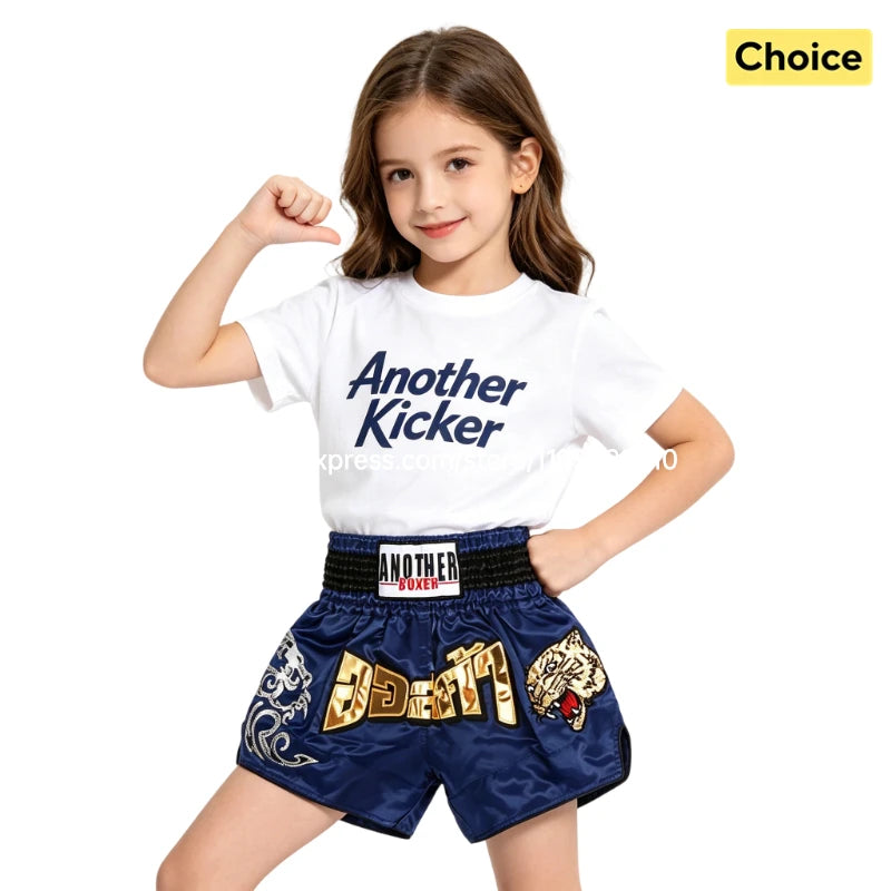 Tiger Muay Thai Shorts Embroidery Boxing Shorts Satin Kickboxing Fight Wear Men Women Kids MMA Training Competition Pants Blue