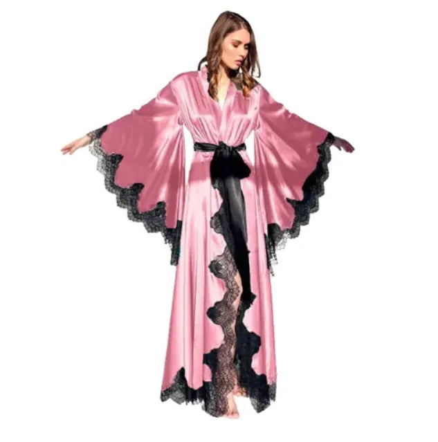 Women Robes Sleepwear Kimono Pajamas Pure Long Black Silk Satin Lace