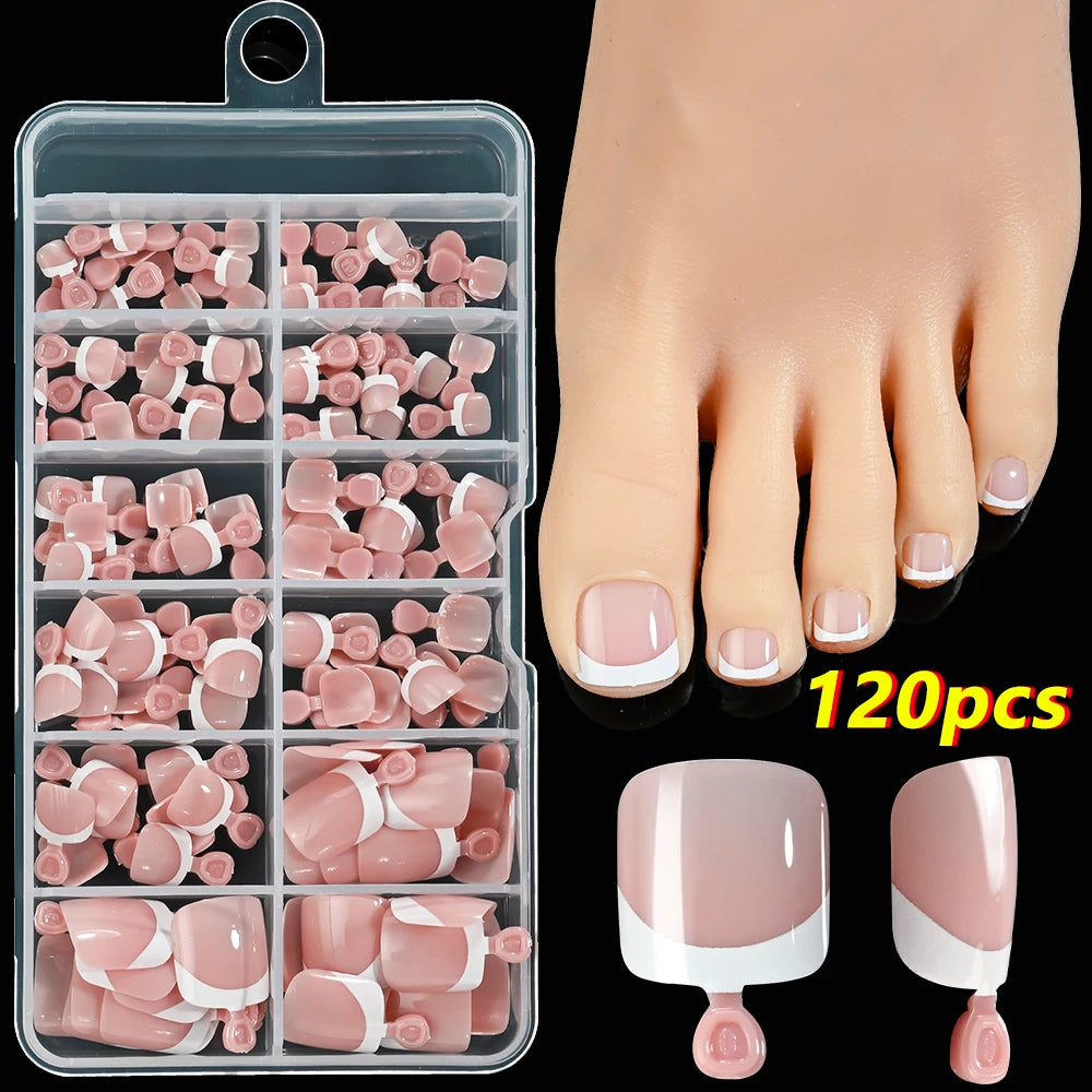120pcs/Box French Tip Press-On Toenails Pink Color System Square Shape Foot Nails Short Length Glossy Finish False Toe Nails Set
