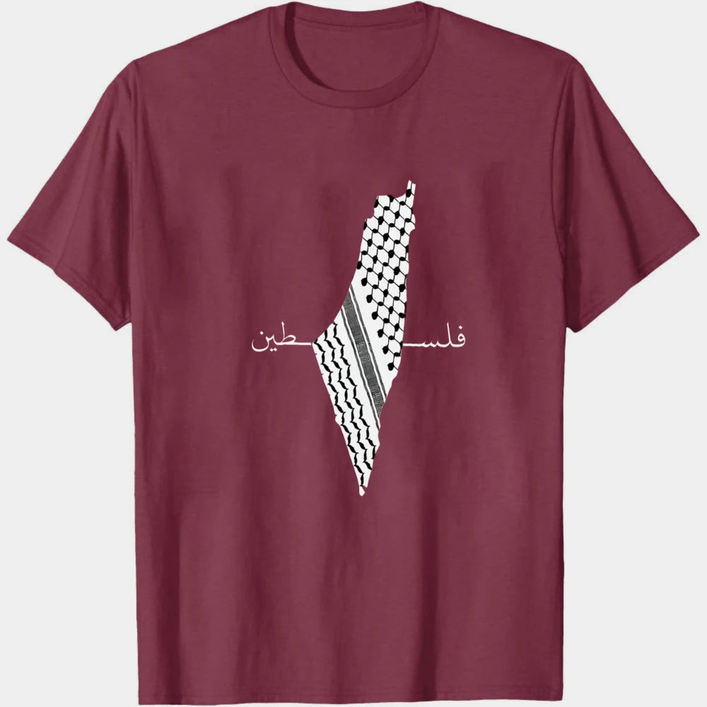 Palestine Keffiyeh Map Arabic Calligraphy Print Cotton T Shirt Men Heritage Patriotic Casual Graphic Tees Summer Men Clothing
