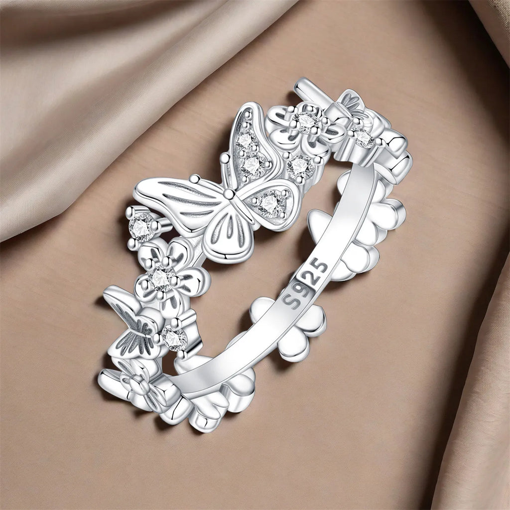 PANPOKI S925 Sterling Silver Flower Butterfly Insect Closed Ring