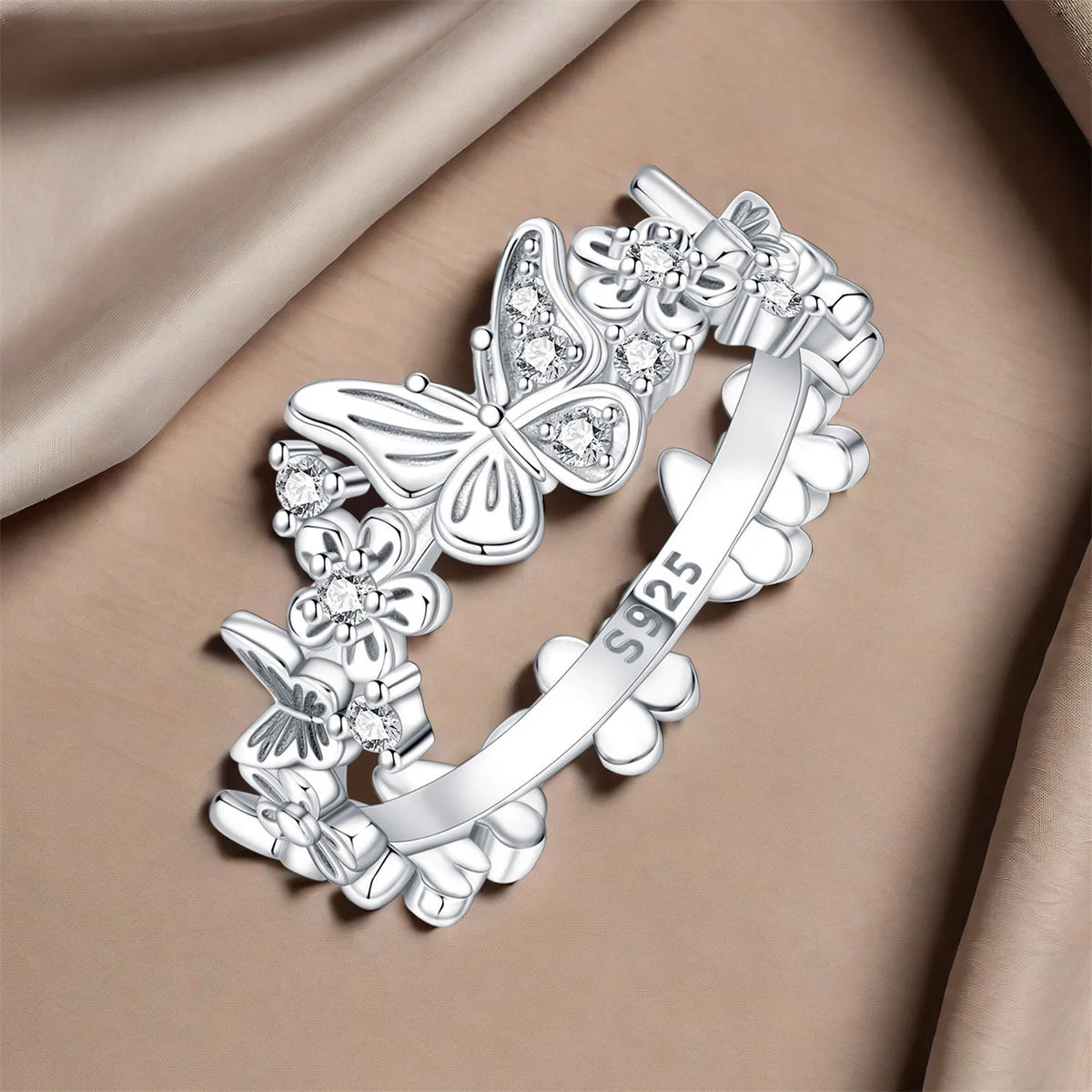 PANPOKI S925 Sterling Silver Flower Butterfly Insect Closed Ring