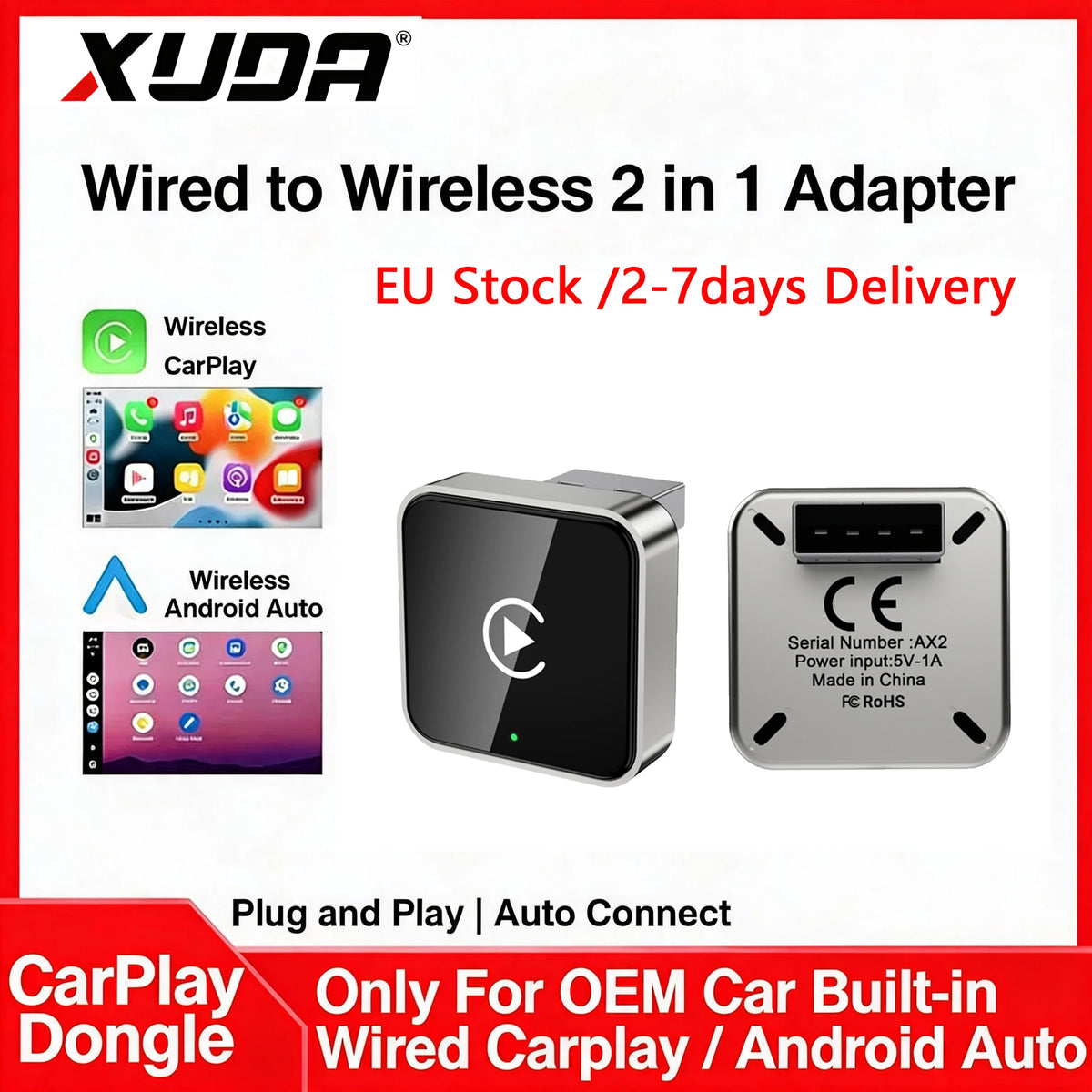XUDA 2in1 Wireless CarPlay Dongle Wireless Android Auto Adapter