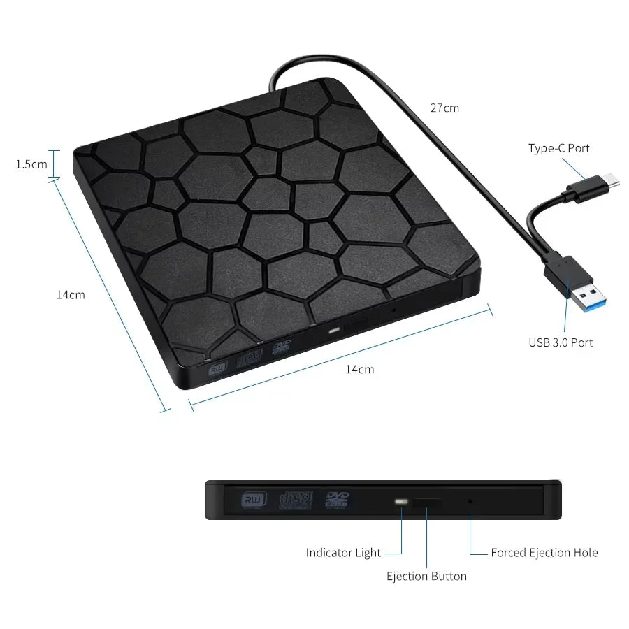 2 in 1 External DVD RW Drive USB 3.0 Type C Interface Slim DVD CD Writer Burner Reader Player Optical Drive For Laptop Notebook