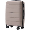 Suitcases to Choose From: Polypropylene 20", 24", 28" / 75 × 50 × 30 cm / 65 × 44 × 25 cm / 55 × 39 × 20 cm Hawfinch Color: Champagne DAMAGE-RESISTANT TELESCOPIC HANDLE, 4 DUPLICATE 360° WHEELS, COMBINATION LOCK, SIDE