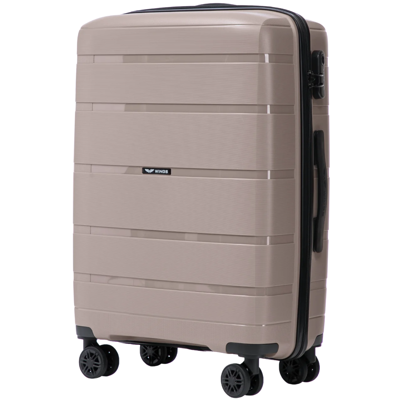 Suitcases to Choose From: Polypropylene 20", 24", 28" / 75 × 50 × 30 cm / 65 × 44 × 25 cm / 55 × 39 × 20 cm Hawfinch Color: Champagne DAMAGE-RESISTANT TELESCOPIC HANDLE, 4 DUPLICATE 360° WHEELS, COMBINATION LOCK, SIDE