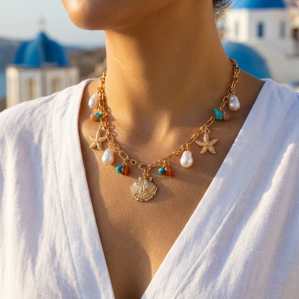 Boho Starfish Scallop Conch Pendant Necklace for Women Elegant Shell Pearl Tassel Metal Chain Choker Summer Beach Party Jewelry