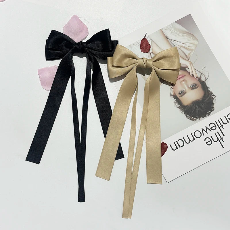 Solid Double Bowknots Hair Clips Women Long Ribbon Bow