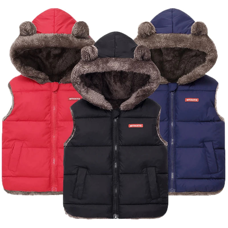 New Winter Keep Warm Boys Vest Fashion Thick Plush Hooded